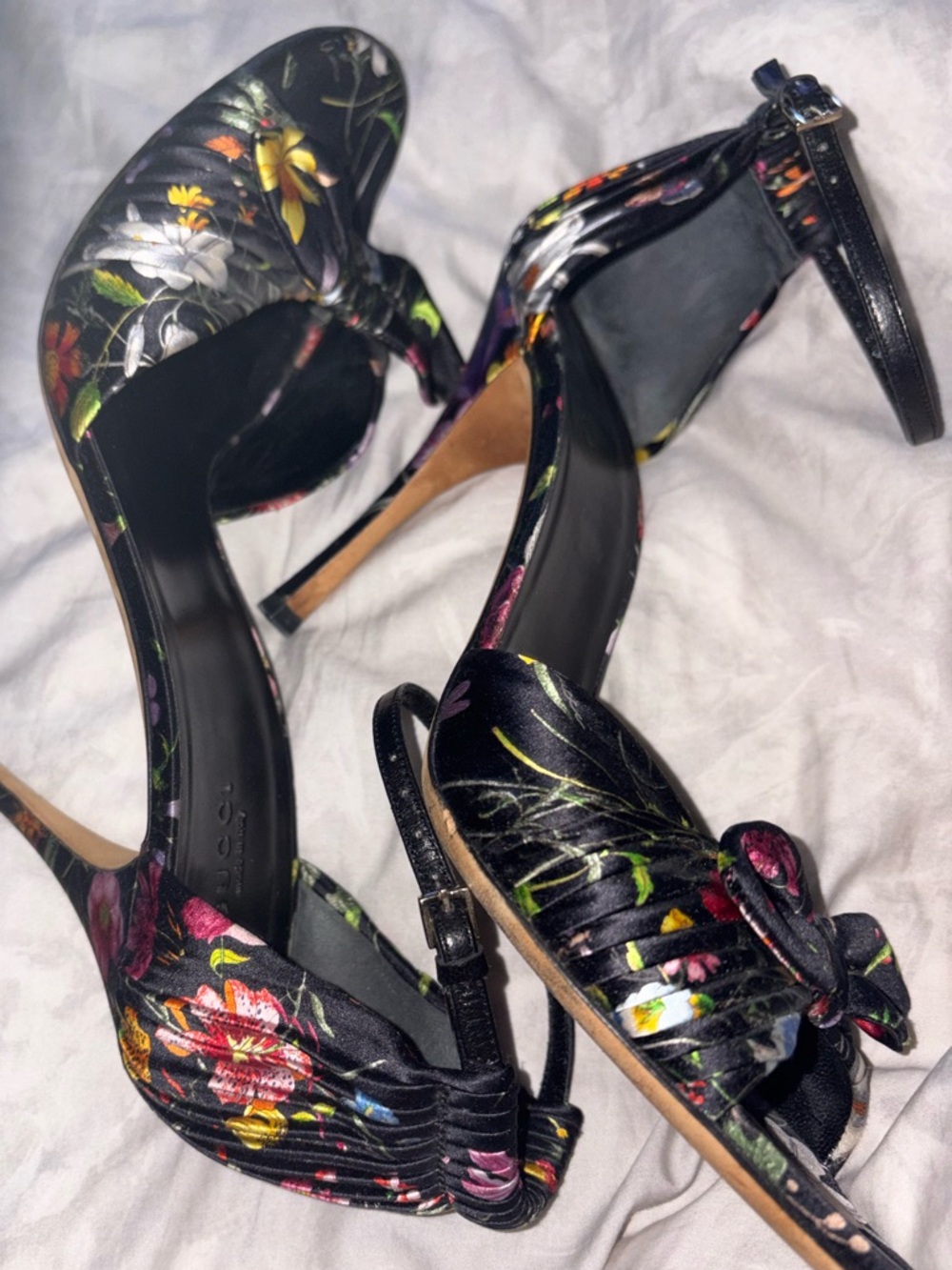 Gucci Floral💐 Satin Ankle Strap Heels w/ Knot Bow  Print Stiletto Sandals- Mint - Picture 5 of 8